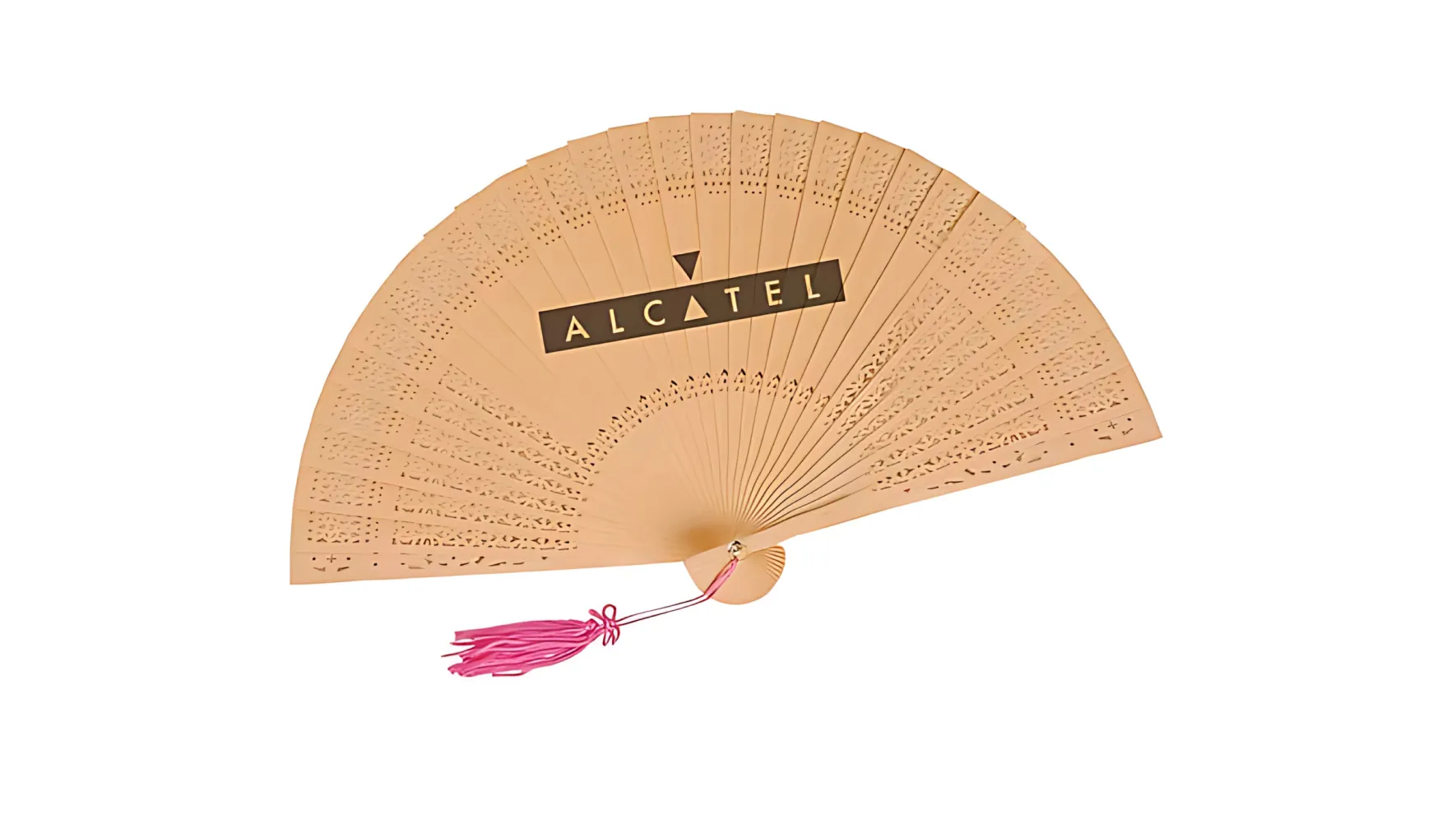 Leque personalizado em madeira com recorte e logótipo (Alcatel)